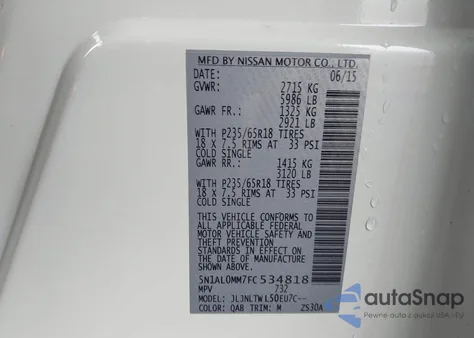 2015 Infiniti Qx60 from USA, damaged, VIN 5N1AL0MM7FC534818